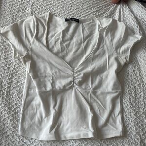 Brandy Melville White Ruched Cap Sleeve Blouse